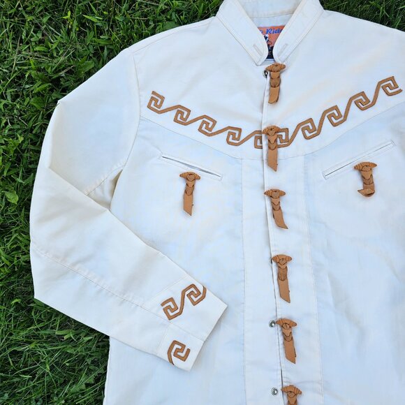 True Vintage 1970's Western  Leather Trimmed Cowboy Rodeo Button Down Shirt - Picture 4 of 8
